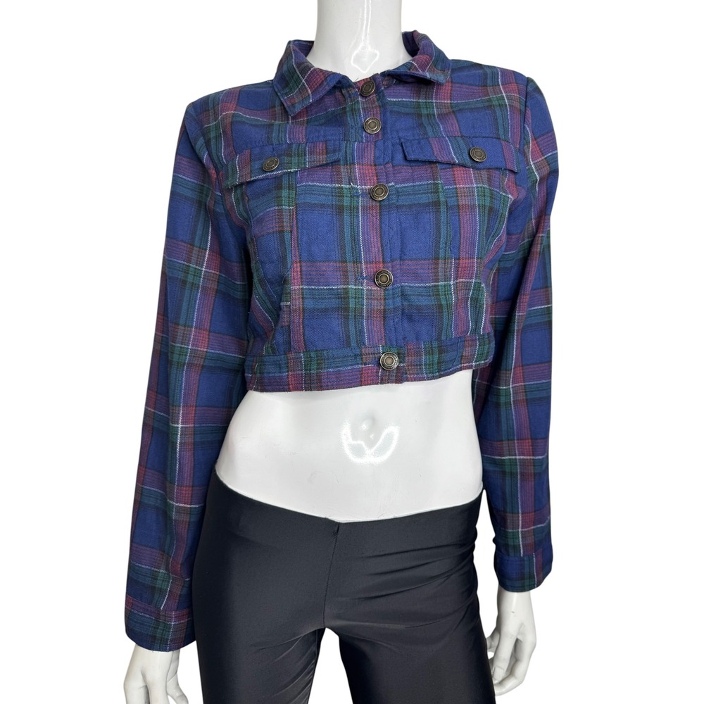 Elevator Disco Womens Blue Plaid Cropped Trucker Jacket Large